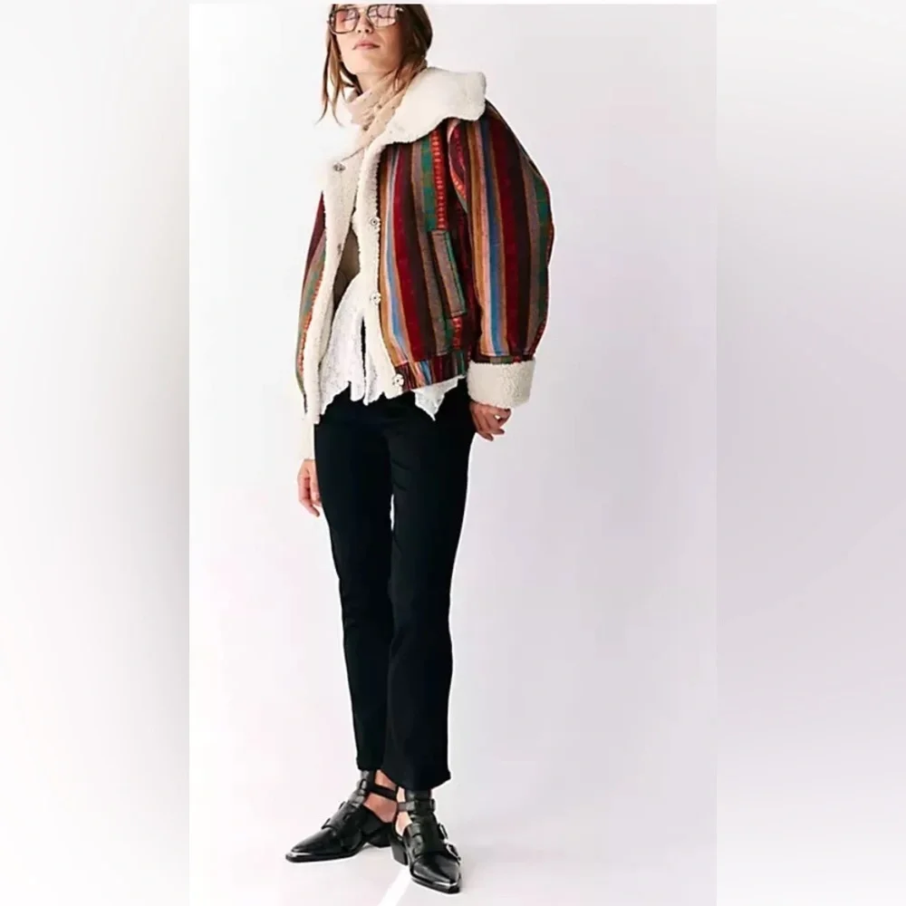 Free People We The Free Corrigan Cozy Cord Jacket Rainbow Stripe Faux Sherpa - Picture 3 of 7